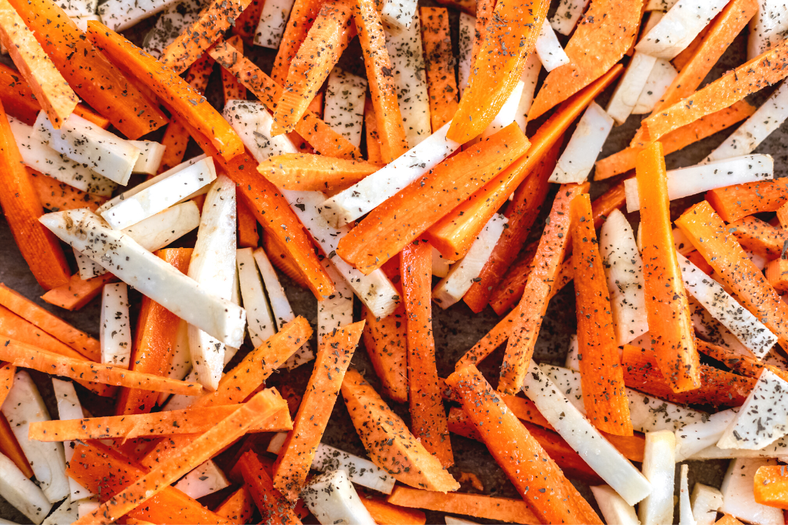 Baked veggie fries with cottage cheese dip - seasoned