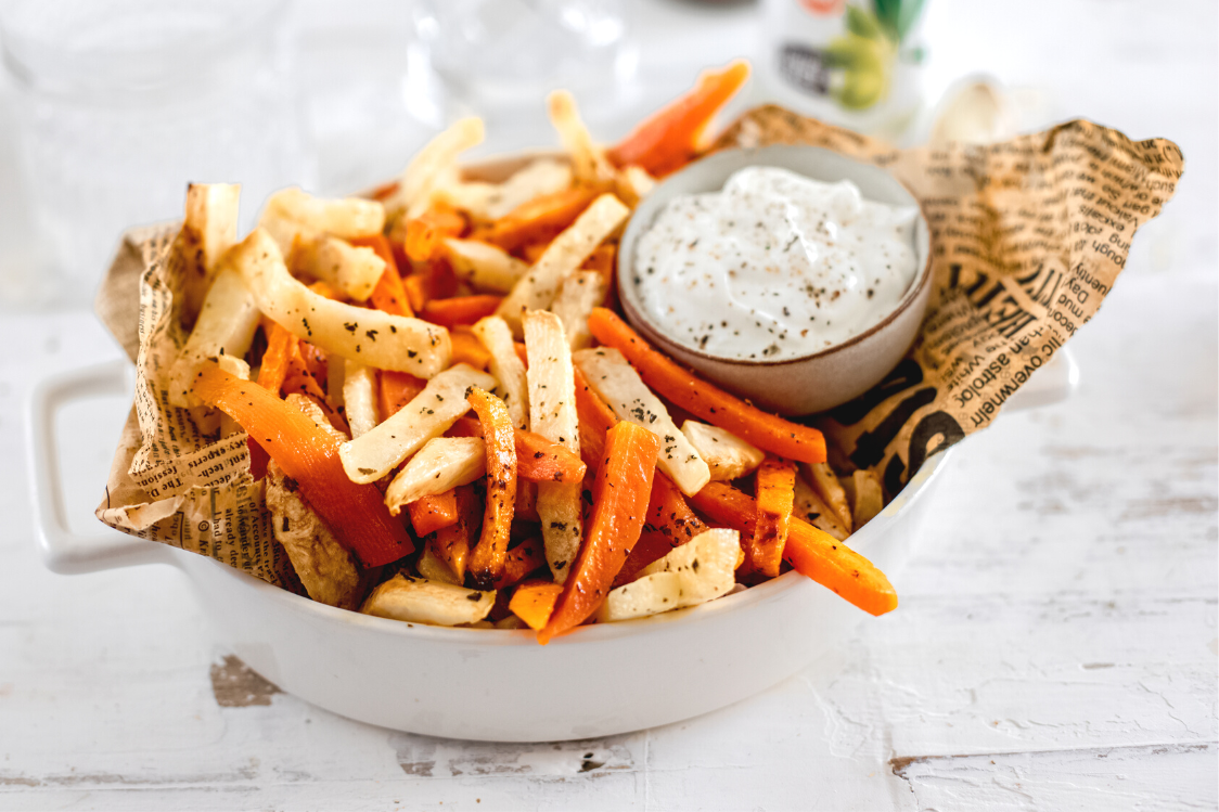 Baked veggie fries with cottage cheese dip