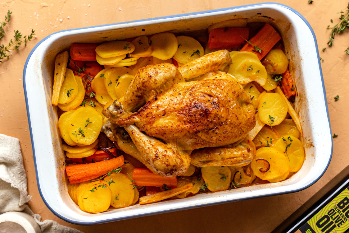 Šťavnaté pečené kuře s brambory a zeleninou