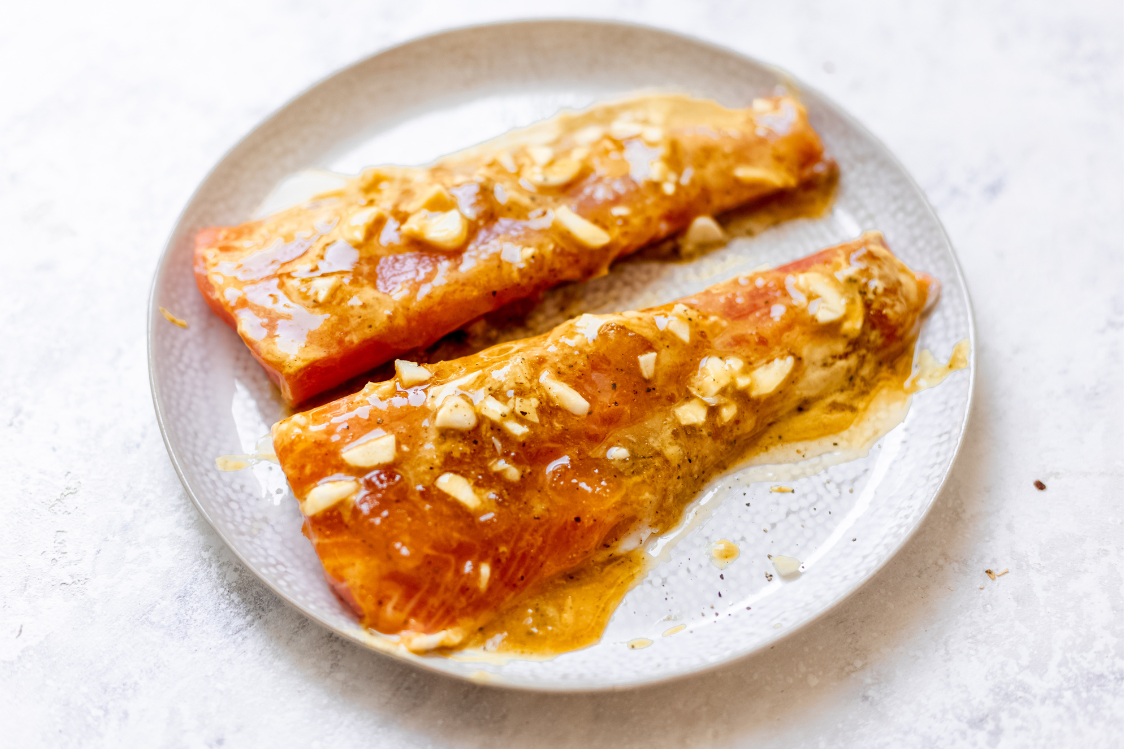 Baked salmon with honey-mustard marinade - marinated salmon