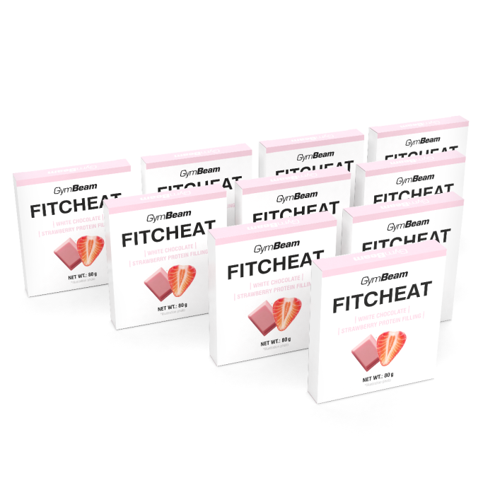 Proteinová čokoláda Fitcheat - GymBeam bílá čokoláda s jahodou 10 x 80 g